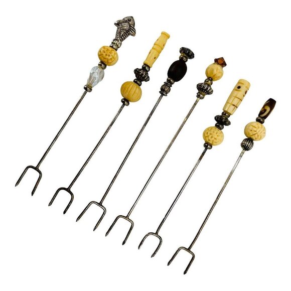 Cocktail Hors d’oeuvre Forks in Ceramic Holder Set of 7 Carved Silver Beige - Picture 6 of 9